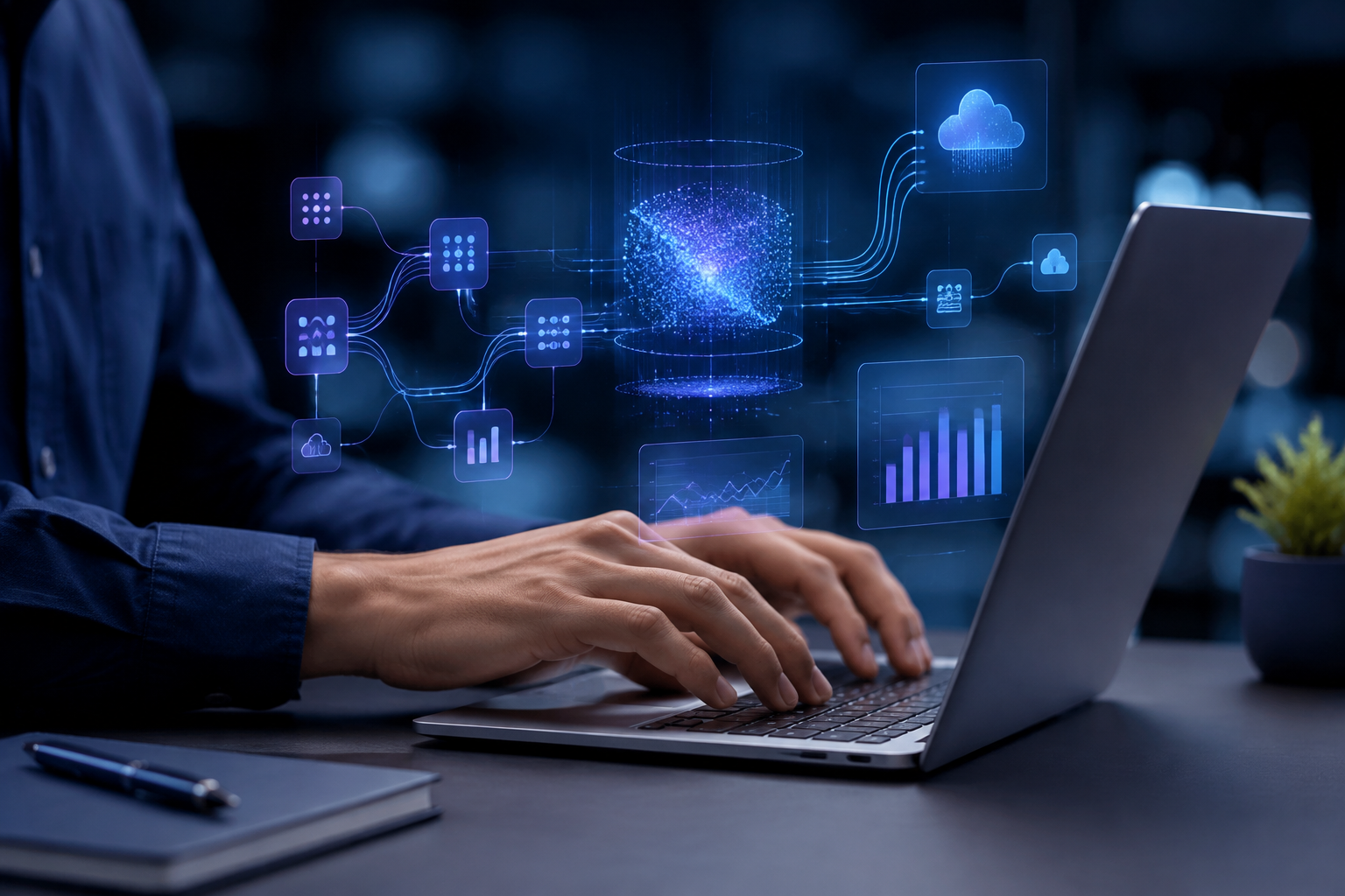 Concept illustration of a laptop with cloud connections and blue-violet data analytics interfaces