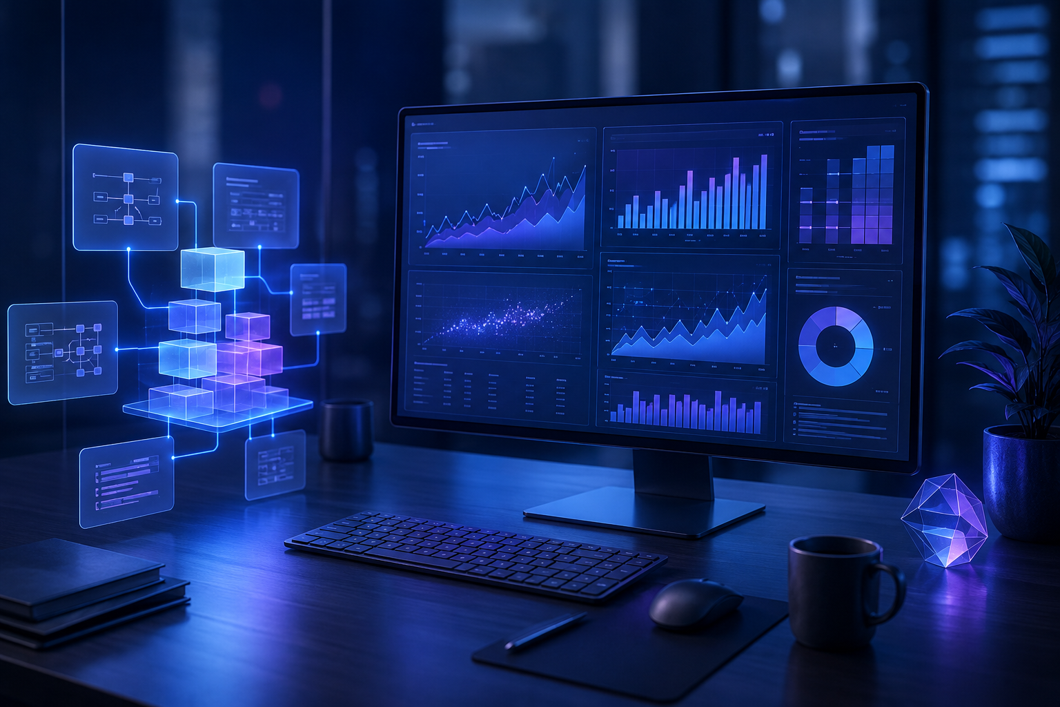 Concept illustration of an analyst workstation with organized data models and clear analytical charts
