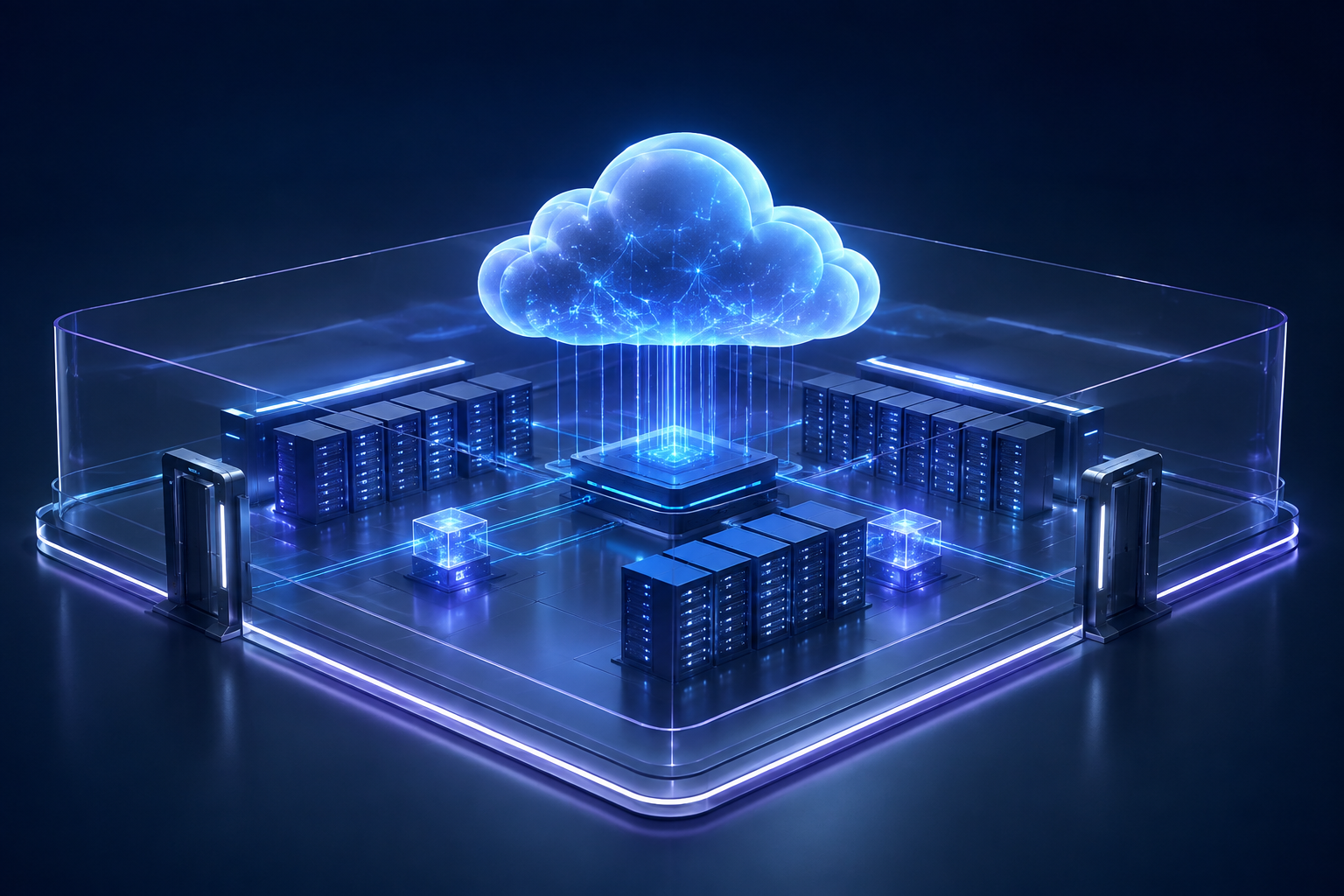 Concept illustration of a cloud platform and server clusters enclosed within a defined enterprise network boundary